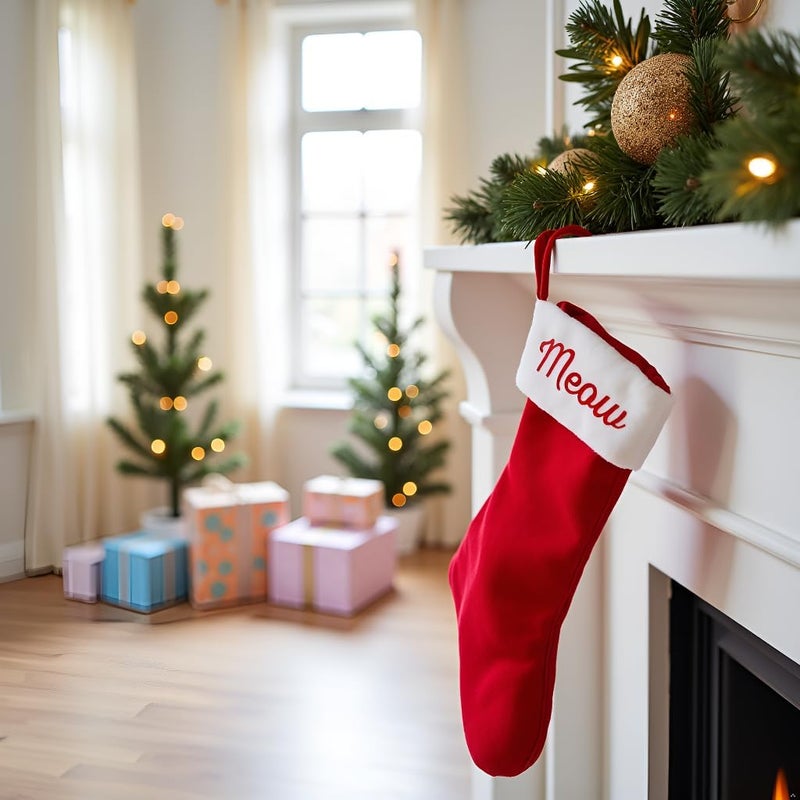 Pear Head Meow Cat Christmas Stocking, Classic Style Pet Holiday Stocking, Red and White Pet Stocking - Image 2